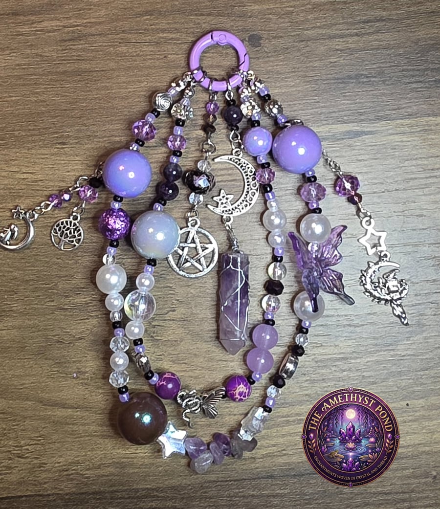 Handmade Amethyst Point Phone Charm, Moon Pentagram Fairy Beads Accessory