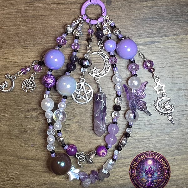 Handmade Amethyst Point Phone Charm, Moon Pentagram Fairy Beads Accessory