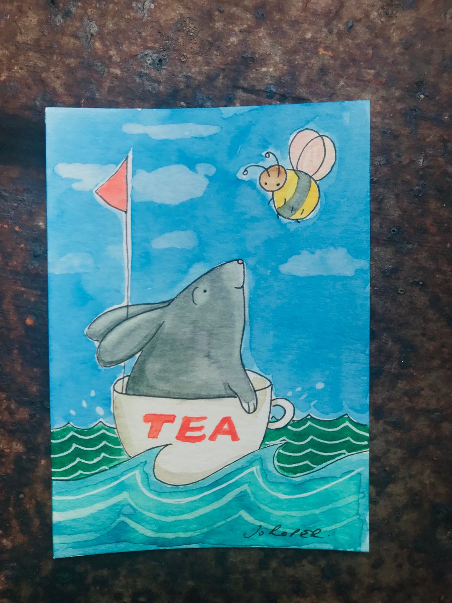 Original Painting Bunny love bee bumble boat  turquoise  ACEO Jo Roper