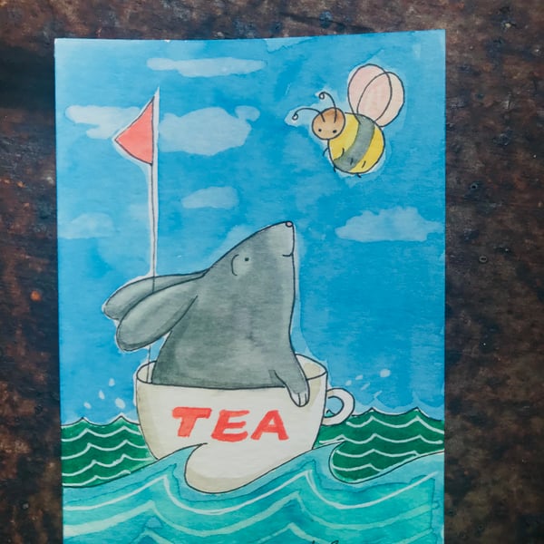 Original Painting Bunny love bee bumble boat  turquoise  ACEO Jo Roper