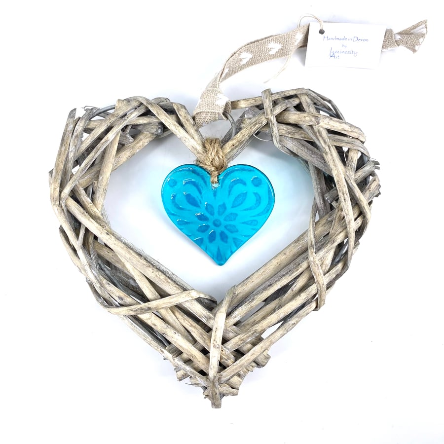 Fused Glass & Wicker Hanging Heart -  Turquoise