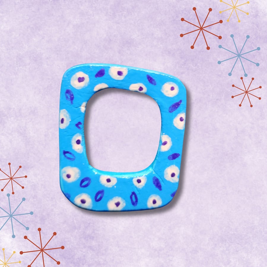 Blue Hand-Painted Ceramic Brooch Mid-Century Design