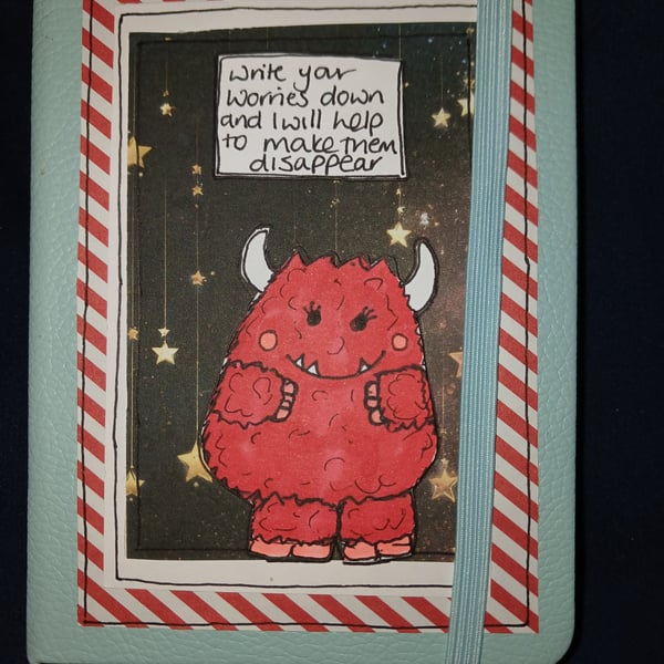 Quirky art worry monster A6 lined hardbacked notebook, anxiety, journal,