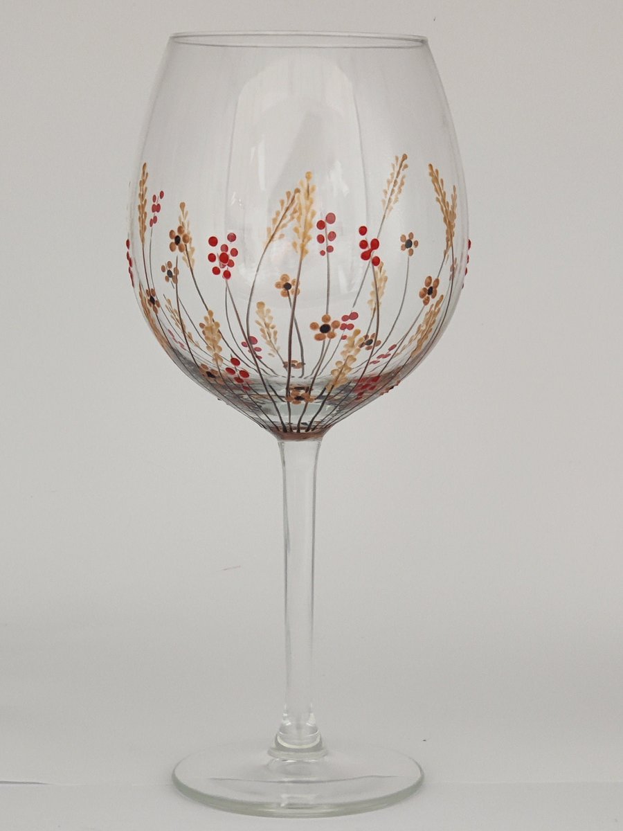 Hand-painted 'Autumn meadow'' design large wine glass