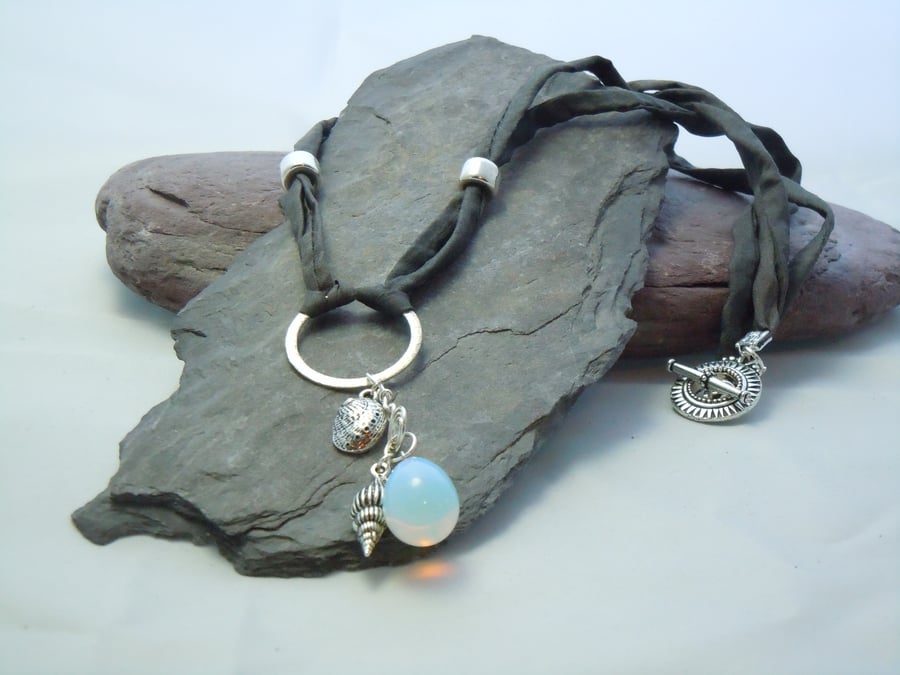 Opalite bead, wirework spiral & charms pendant necklace