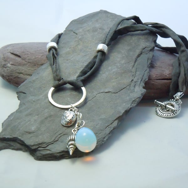 Opalite bead, wirework spiral & charms pendant necklace