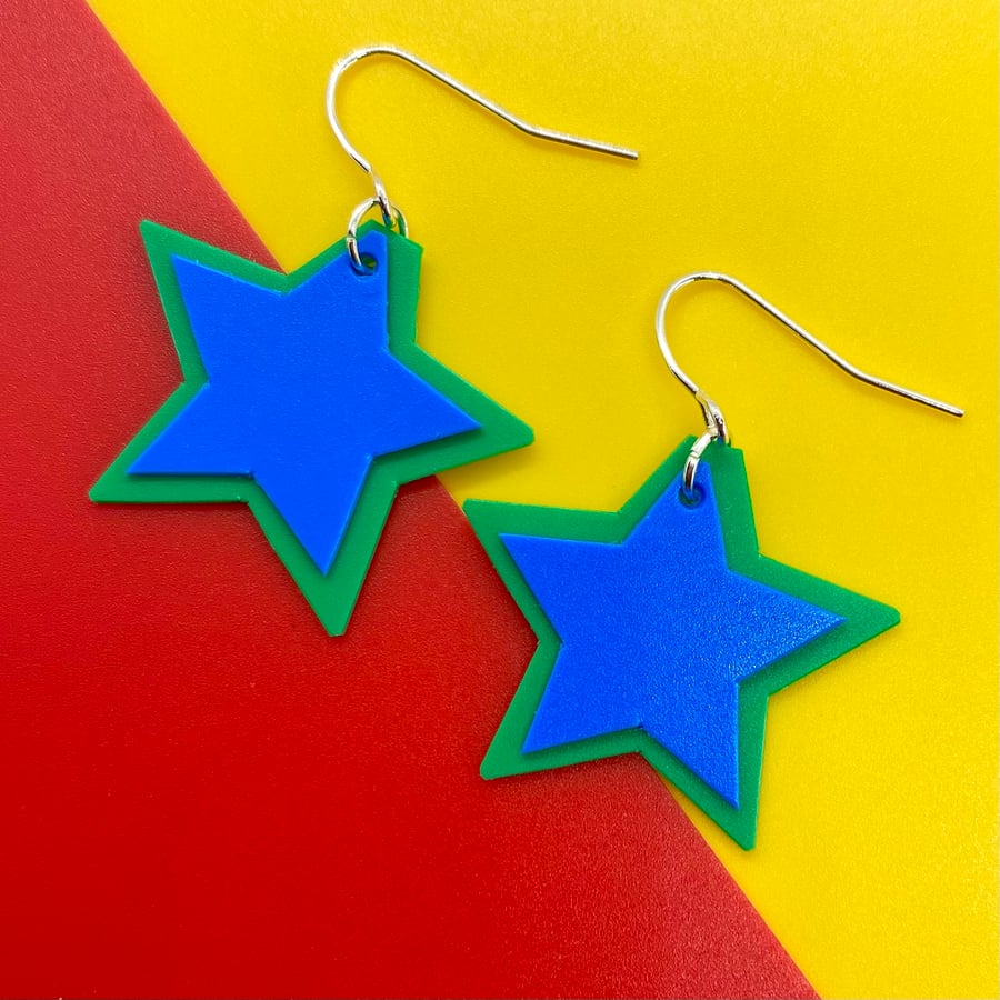 80’s vibe blue and green layered star earrings