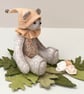 Artist Teddy Bear on leaves, one of a kind Elf bear, embroidered keepsake bear