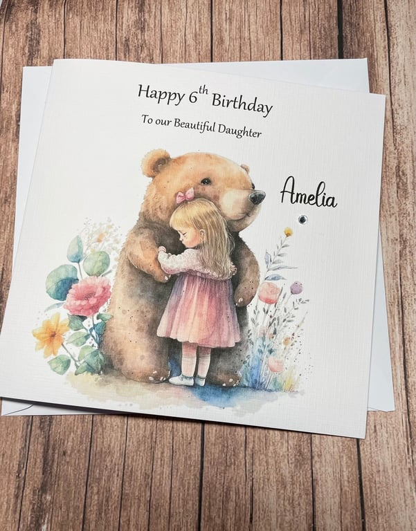 Bear and Girl Personalised Birthday card For Girl Any Age, Any Relatio