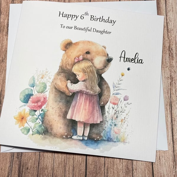 Bear and Girl Personalised Birthday card For Girl Any Age, Any Relatio