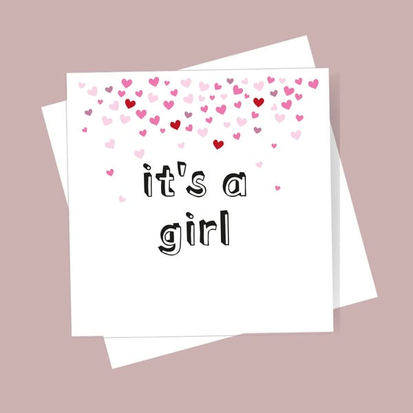 New Baby Girl Card - It's a Girl, shimmer red and pink hearts. Free delivery