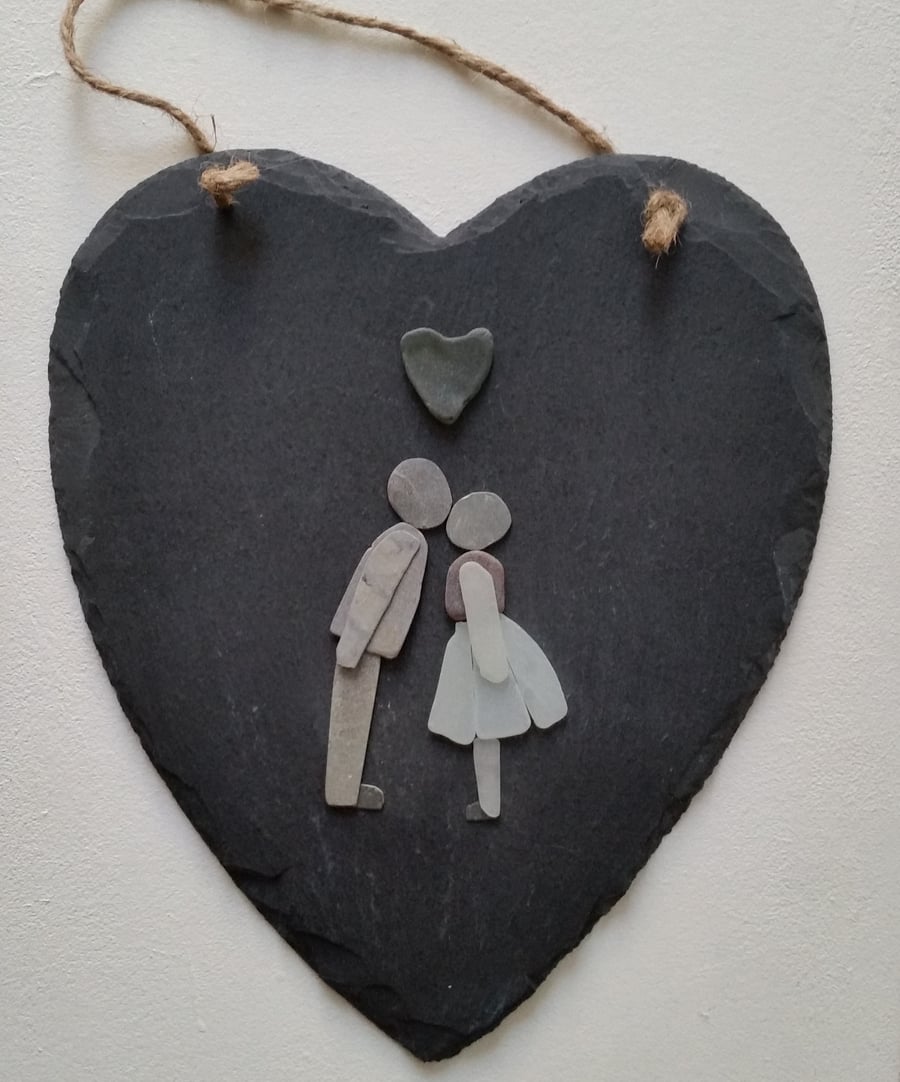 Unique Valentines Day Gift Slate Heart Message Board with Kissing Couple