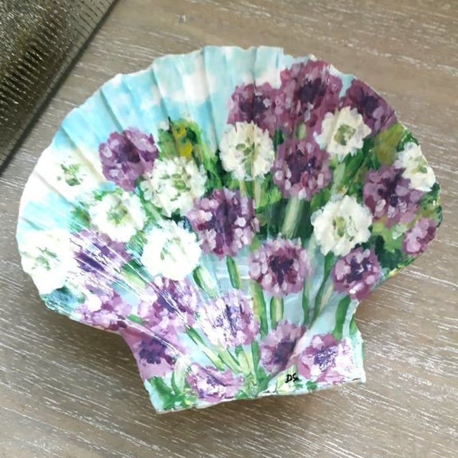 Handpainted "Alliums landscape" King Scallop Shell Trinket dish.  