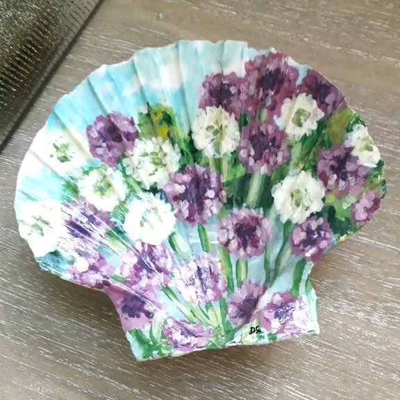 Handpainted "Alliums landscape" King Scallop Shell Trinket dish.  