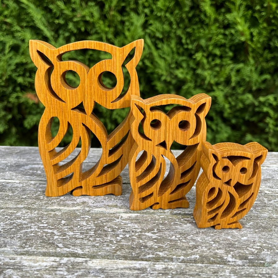 Set of 3 Oak Wooden Owl Decorative Sculptures – Rustic Home Decor