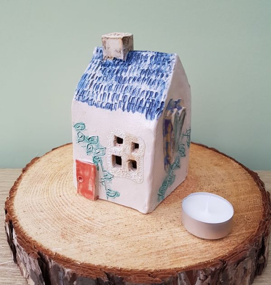 Ceramic Tea Light House with Ivy, Red Doors & Blue Roof