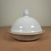 OFF WHITE HAND MADE CERAMIC ROUND BUTTER DISH - with subtle blue and green