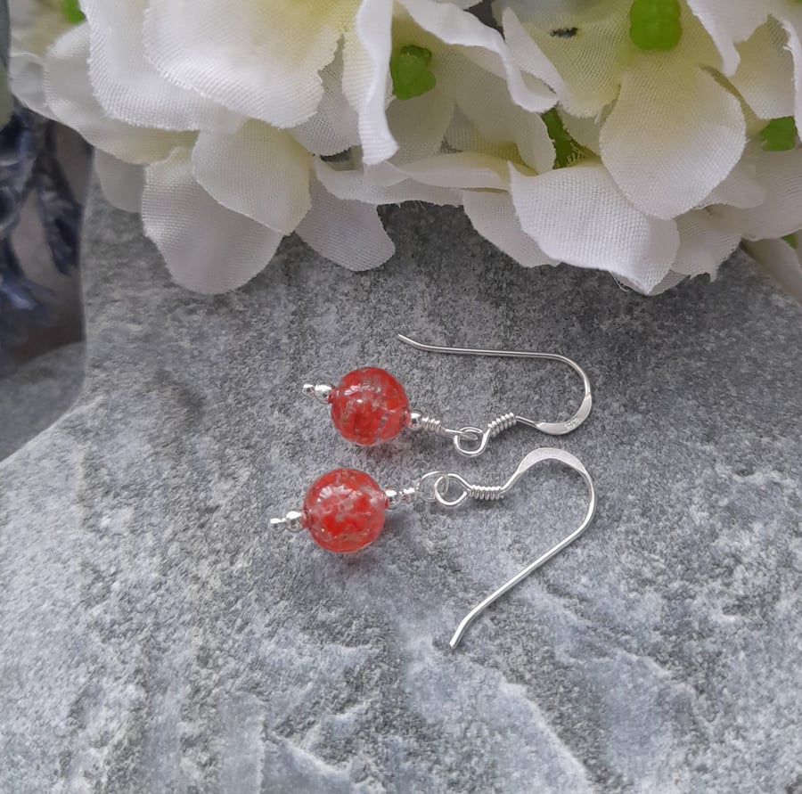 Sterling Silver Murano Glass Red Earrings