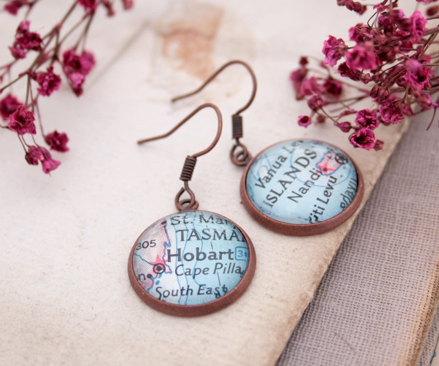 Copper Earrings with map Custom Jewellery Personalized with your Location