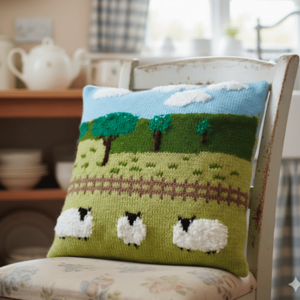 Knitting Pattern for Sheep in the Countryside Cushion 