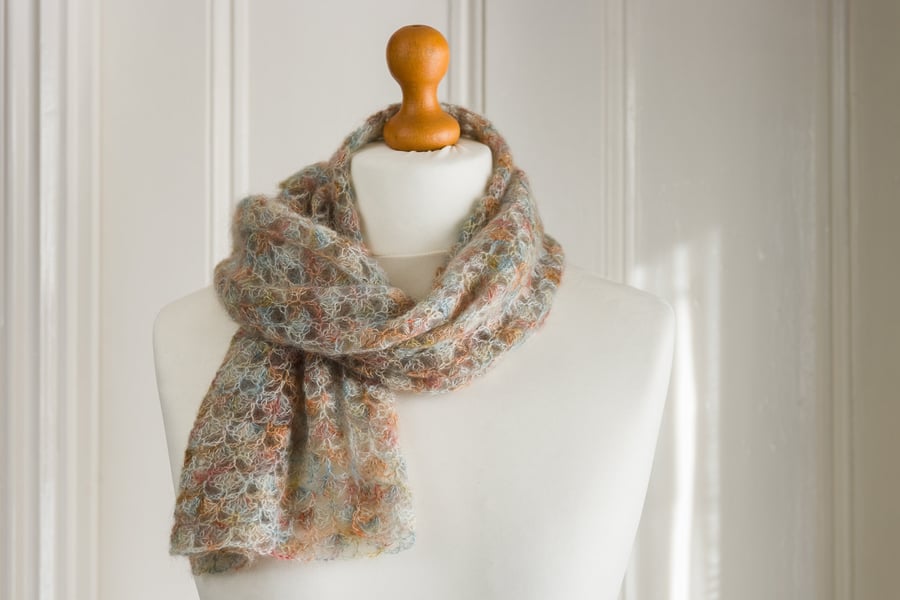 Lace muffler or scarf crocheted with soft and airy lace mohair and silk yarn in 