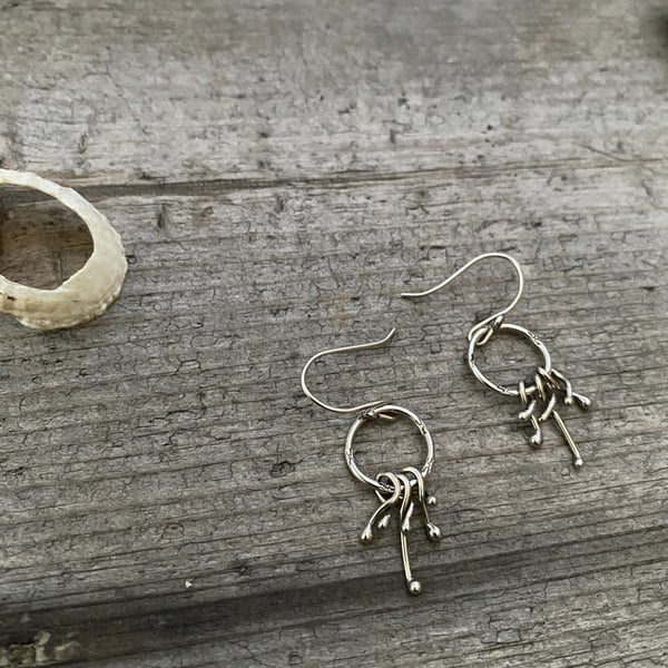 Silver hoops, hand stamped dangly earrings