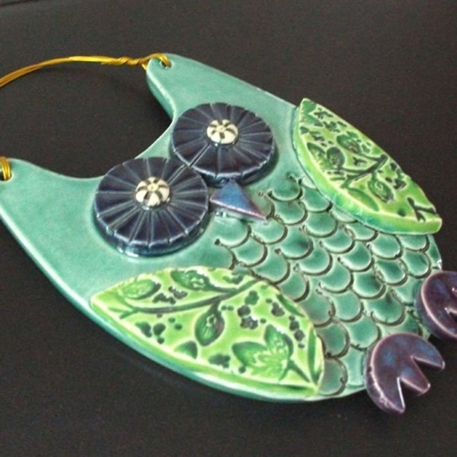 Blue Owl ceramic hanging decoration 