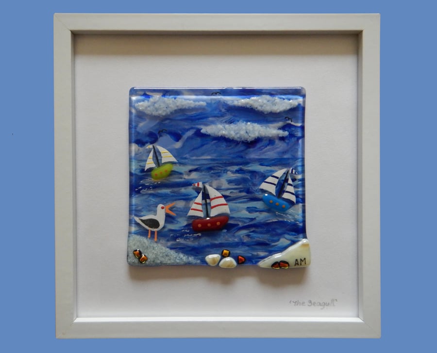 HANDMADE FUSED GLASS  'SEAGULL AND COAST' PICTURE