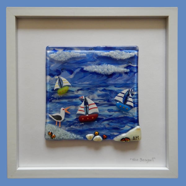 HANDMADE FUSED GLASS  'SEAGULL AND COAST' PICTURE