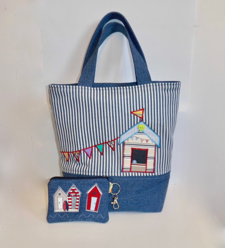 Handbag mini tote bag and purse beach hut theme denim