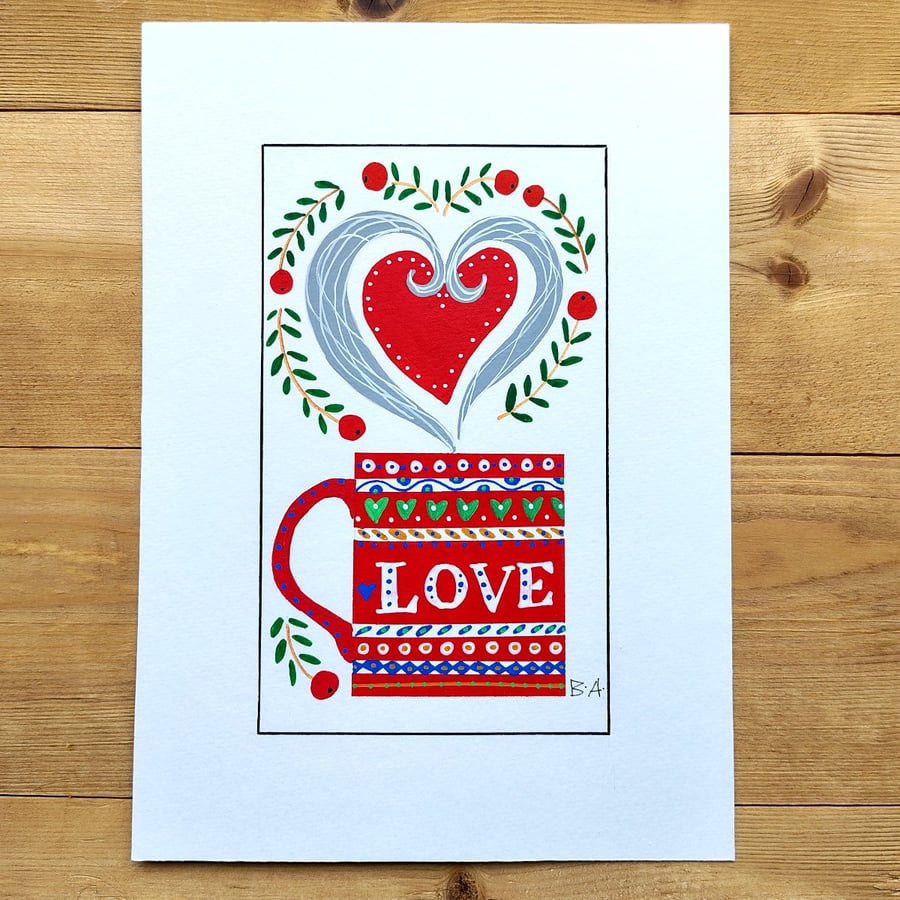 Love mug folk art original painting, A5 acrylic, red and blue kitchen decor