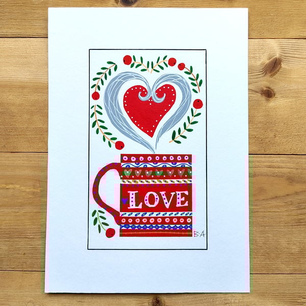 Love mug folk art original painting, A5 acrylic, red and blue kitchen decor