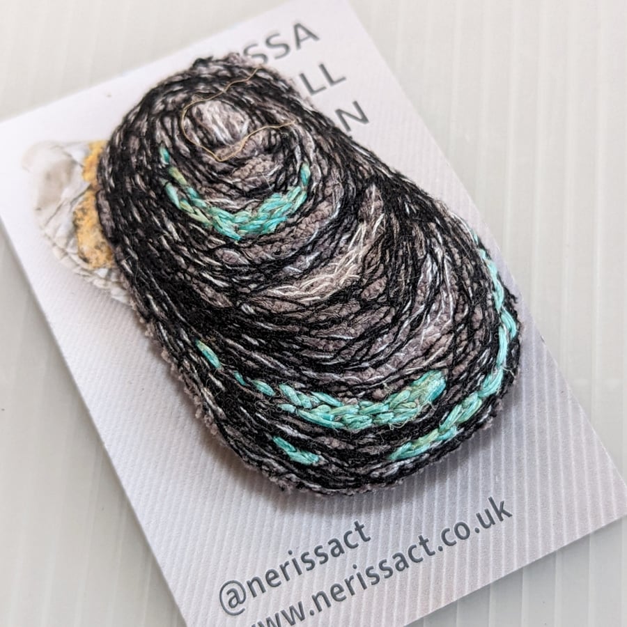 Embroidered Shell Brooch with Blue Green detail