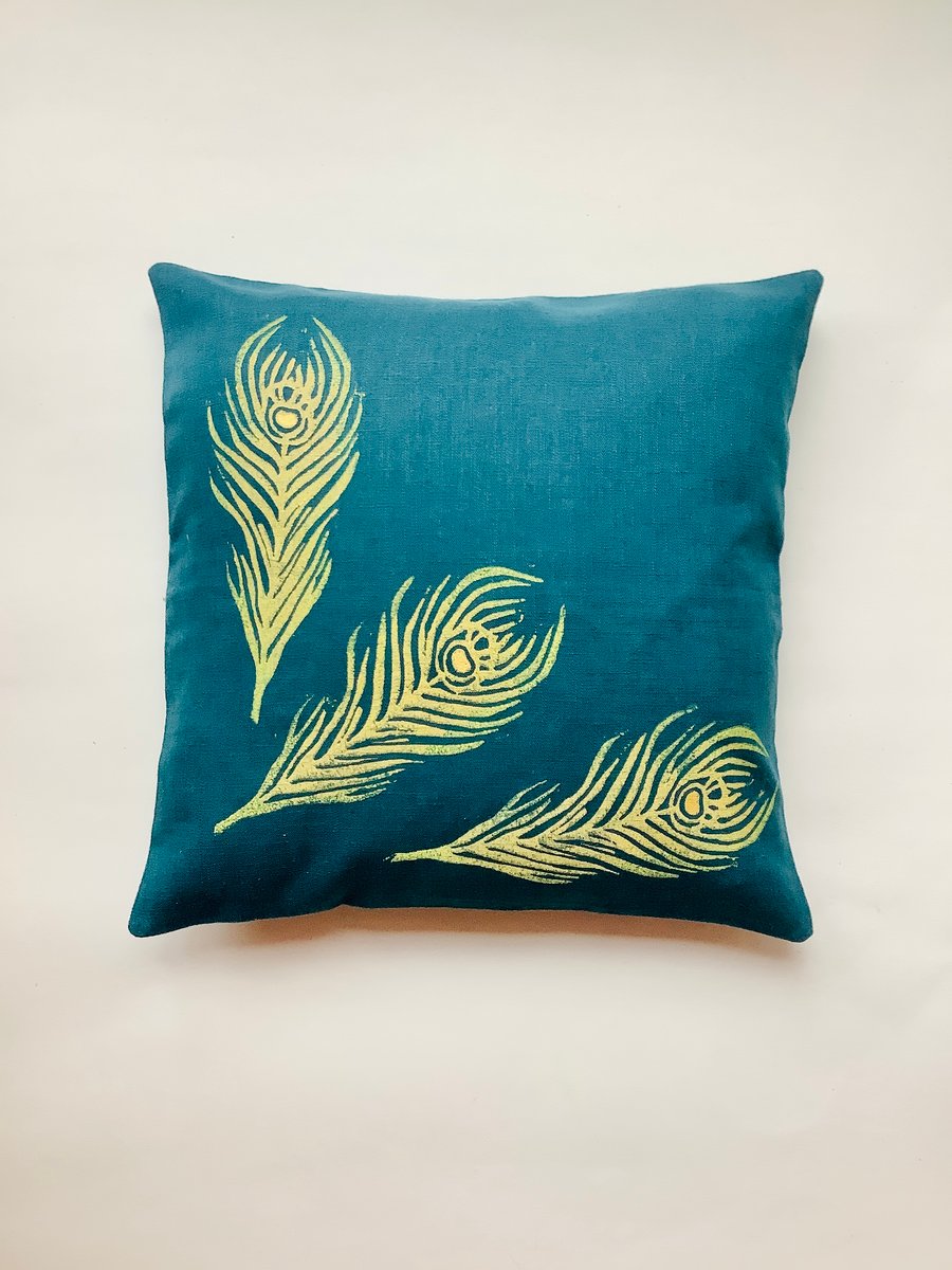 Petrol Blue Large Peacock Feathers linen cushion cover