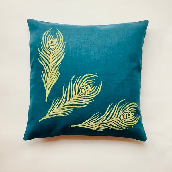 Petrol Blue Large Peacock Feathers linen cushion cover