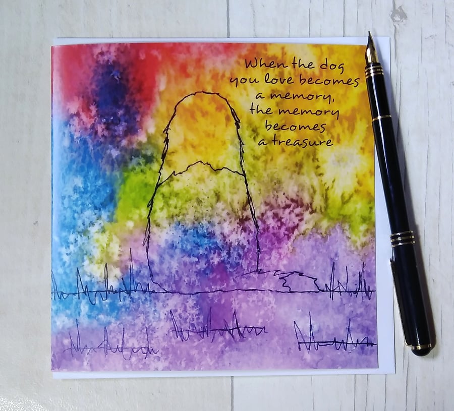 Old English Sheepdog rainbow sympathy card. Printed card. Dog loss card.