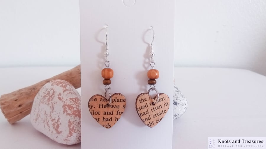 Silver and Wood Book Lover Heart Dangle Earrings