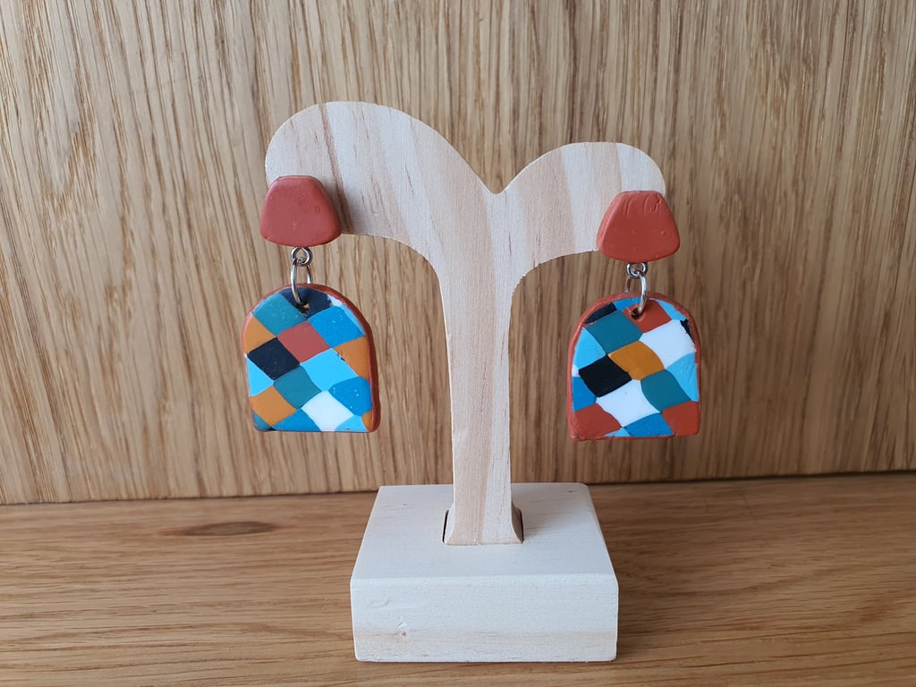 Harlequin Style Terracotta Stud and Drop Earrings