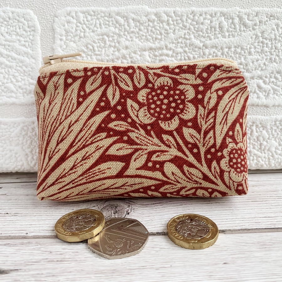 SOLD - Small purse, coin purse with floral pattern in red and cream