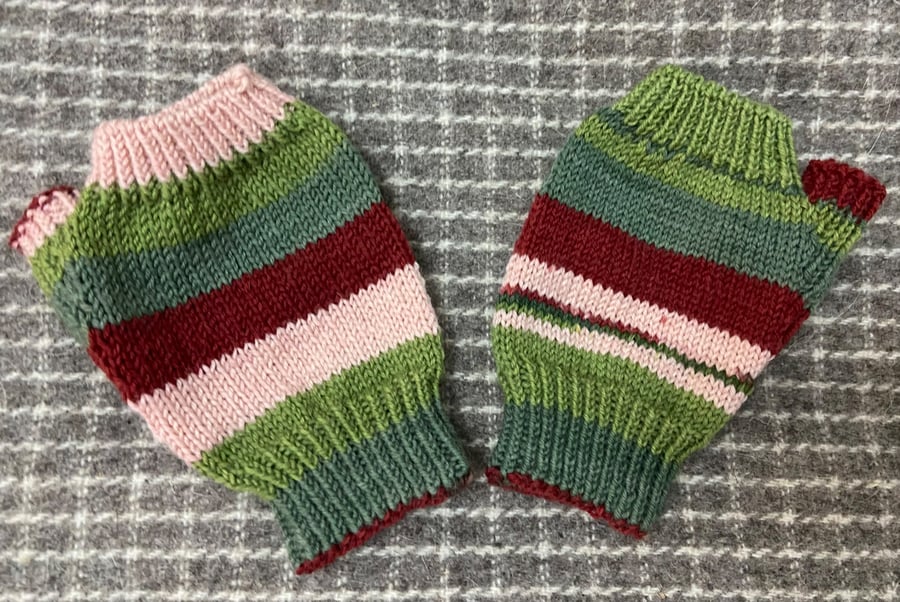 Hand knitted multi colour fingerless gloves. 
