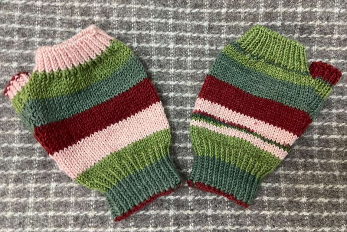 Hand knitted multi colour fingerless gloves. 