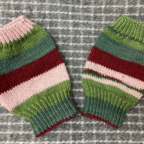 Hand knitted multi colour fingerless gloves. 
