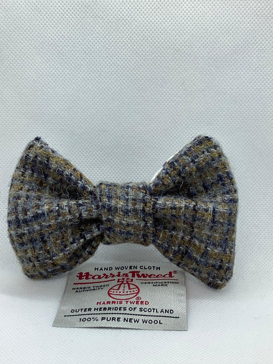 Harris Tweed Dog Bow Tie, Mustard,Navy And White Check, over the collar bow tie