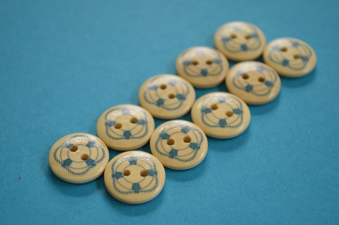 15mm Wooden Ships Life Ring Buttons 10pk Nautical Boat Sea Sailing (SNT12)