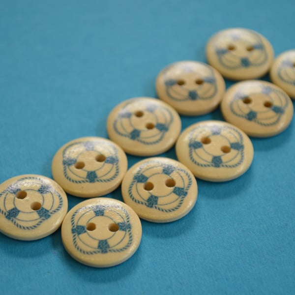 15mm Wooden Ships Life Ring Buttons 10pk Nautical Boat Sea Sailing (SNT12)