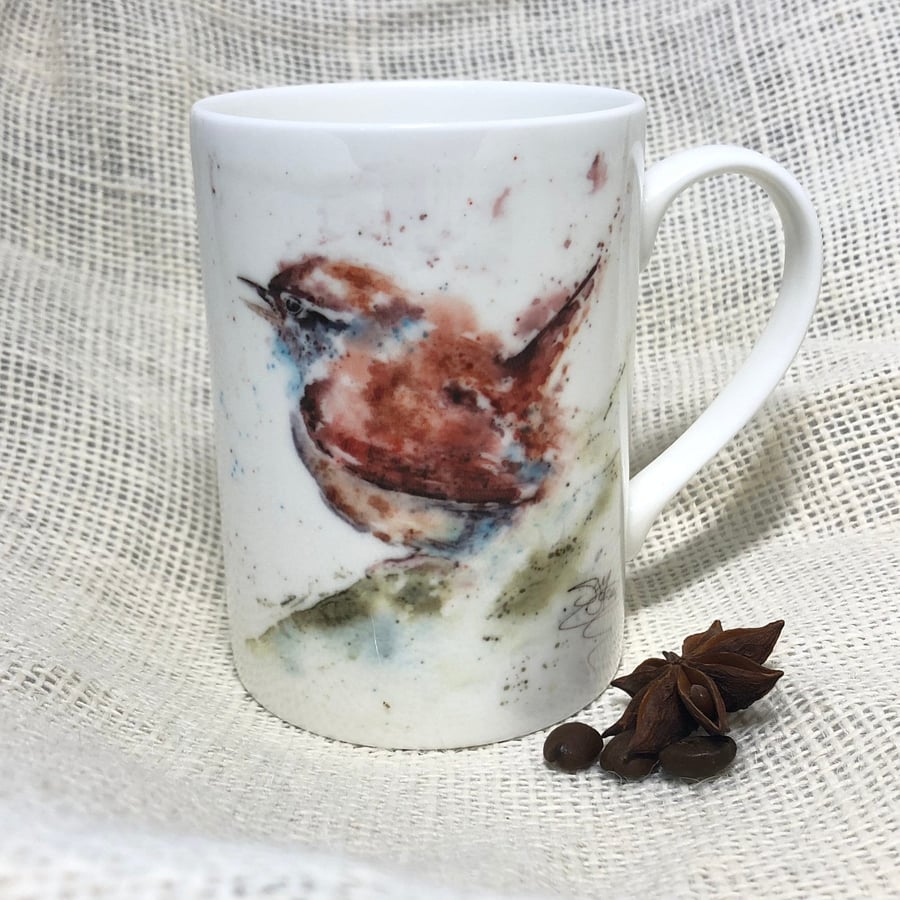 Wren Watercolour Bone China Mug, China Cup, Jenny Wren, Wildlife Art Mug by Wate