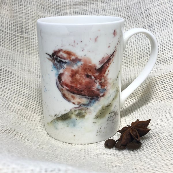 Wren Watercolour Bone China Mug, China Cup, Jenny Wren, Wildlife Art Mug by Wate