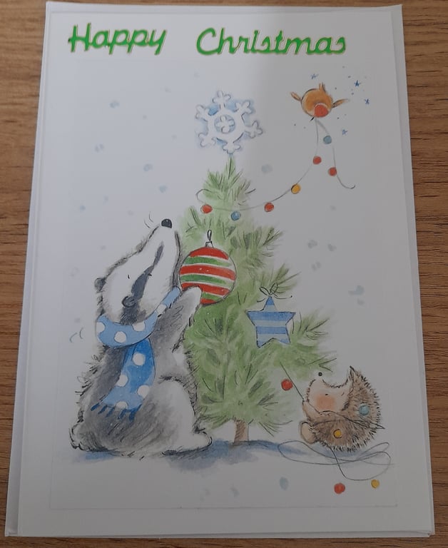 CUTE CHRISTMAS CARD WITH XMAS TREE AND ANIMALS.