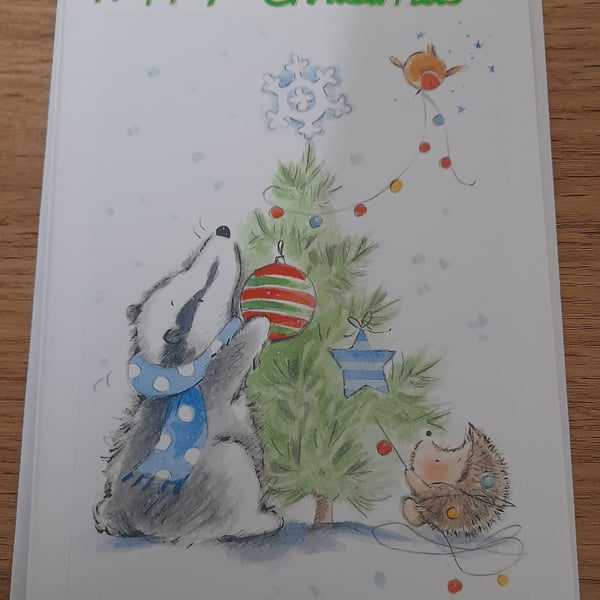 CUTE CHRISTMAS CARD WITH XMAS TREE AND ANIMALS.