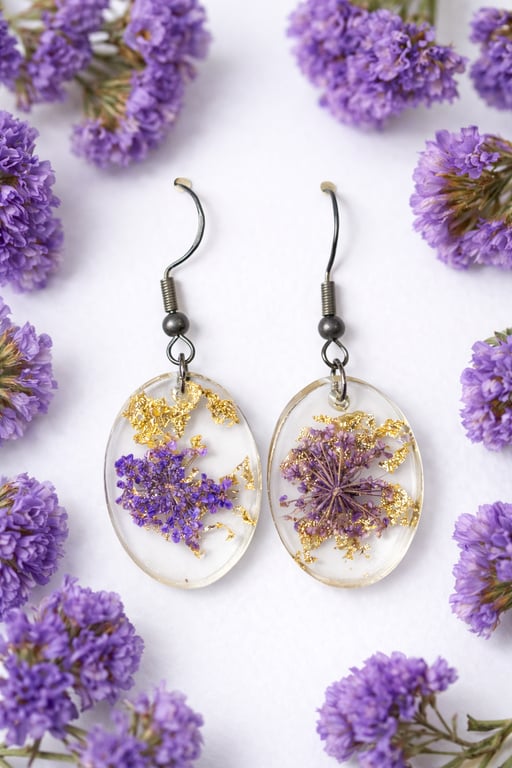 Oval Resin Flower Dangle Earrings with Purple Blooms & Gold Leaf